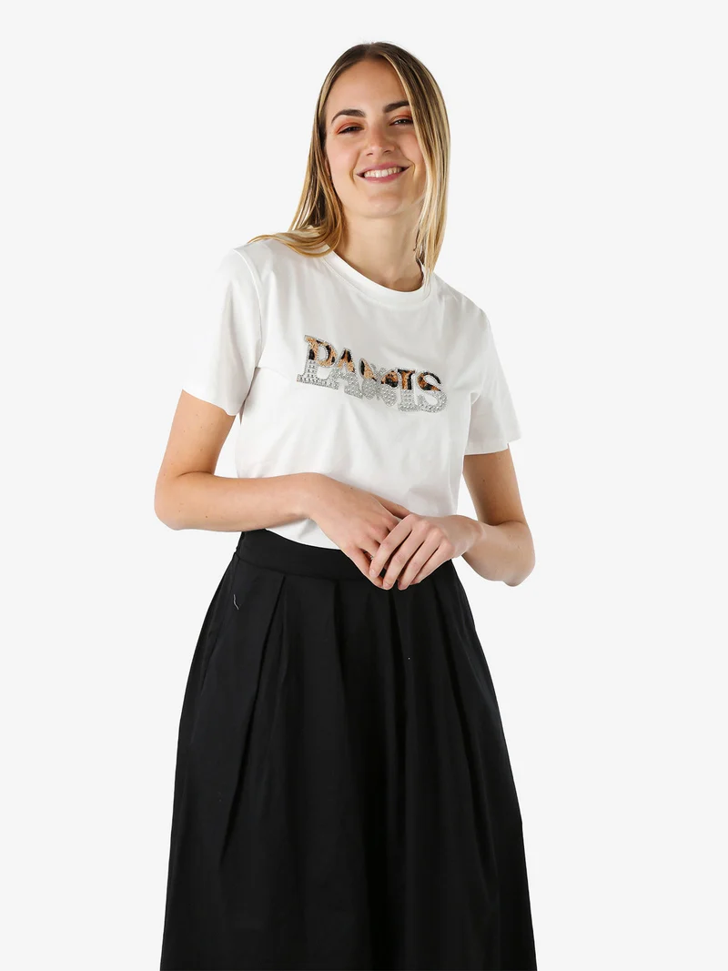T-shirt donna in cotone con stampa e strass - bianco