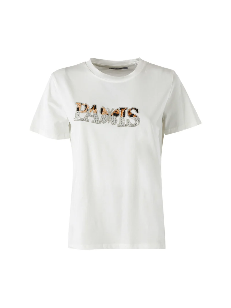 T-shirt donna in cotone con stampa e strass - bianco