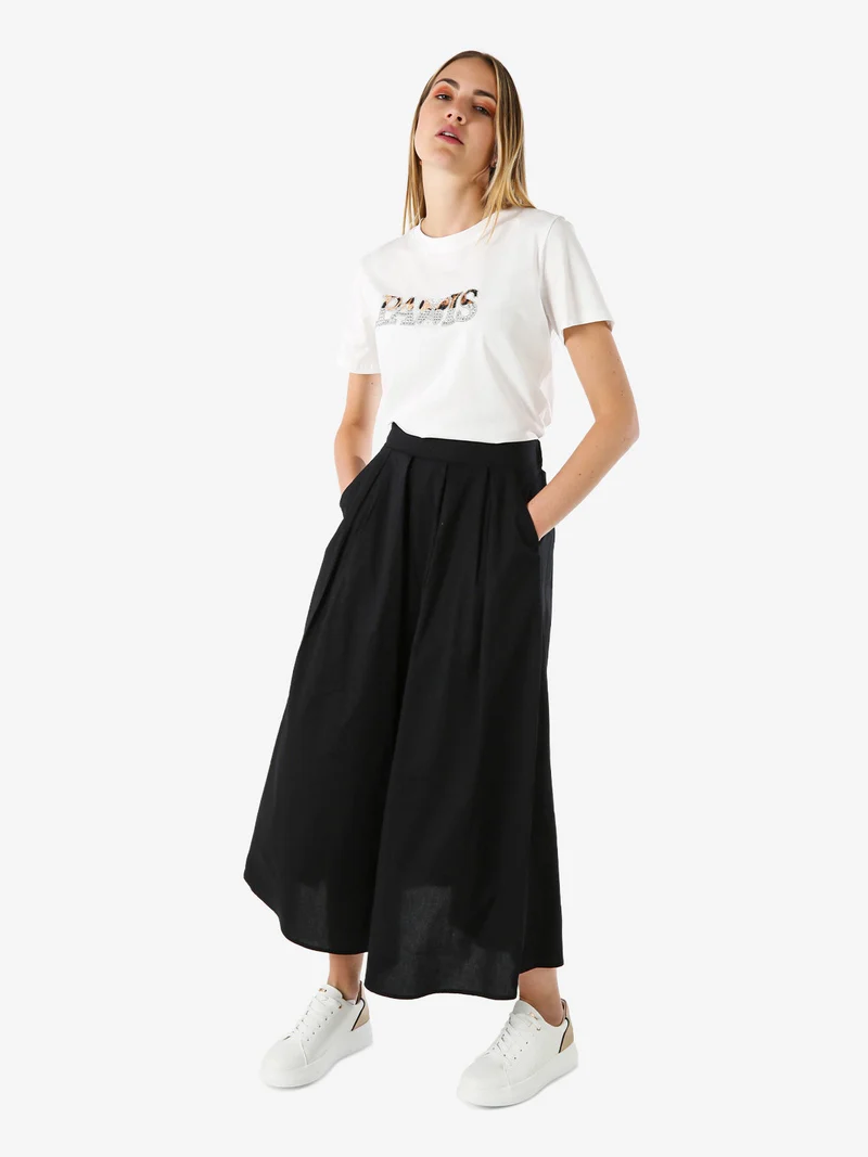 T-shirt donna in cotone con stampa e strass - bianco