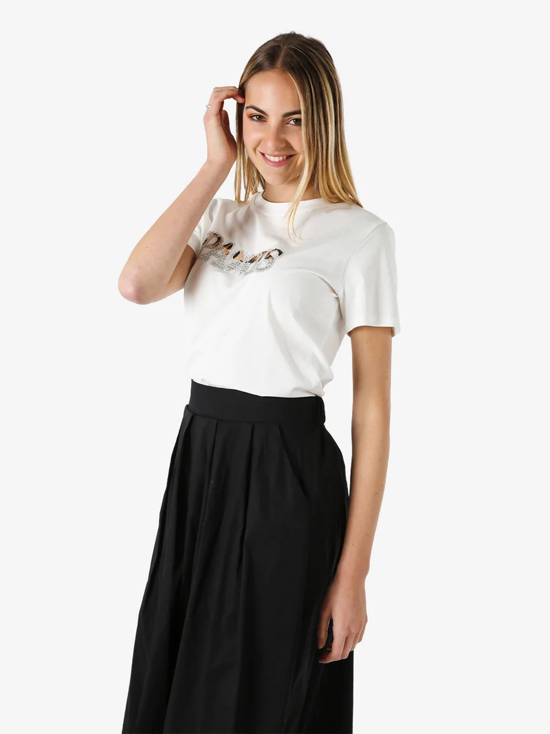 T-shirt donna in cotone con stampa e strass - bianco
