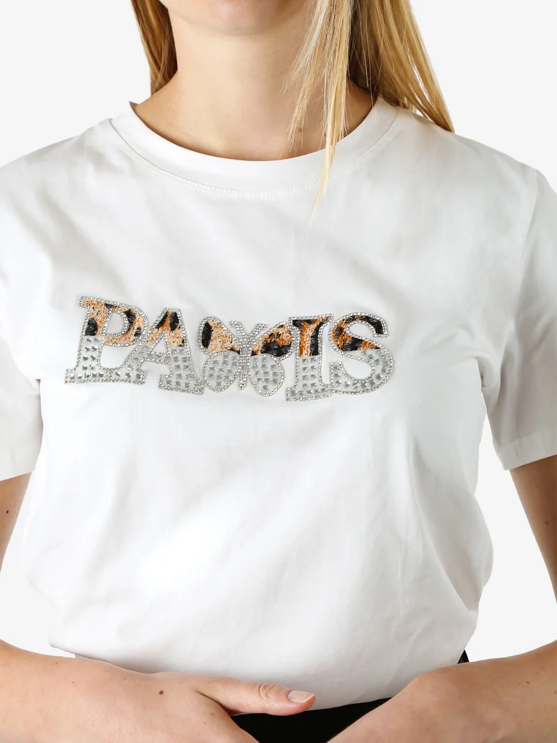 T-shirt donna in cotone con stampa e strass - bianco