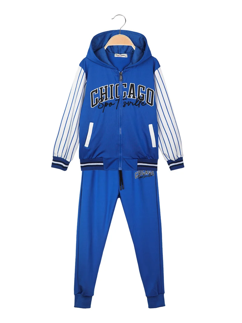Completo tuta sportiva da bambino 2 pezzi con cappuccio e zip - blu