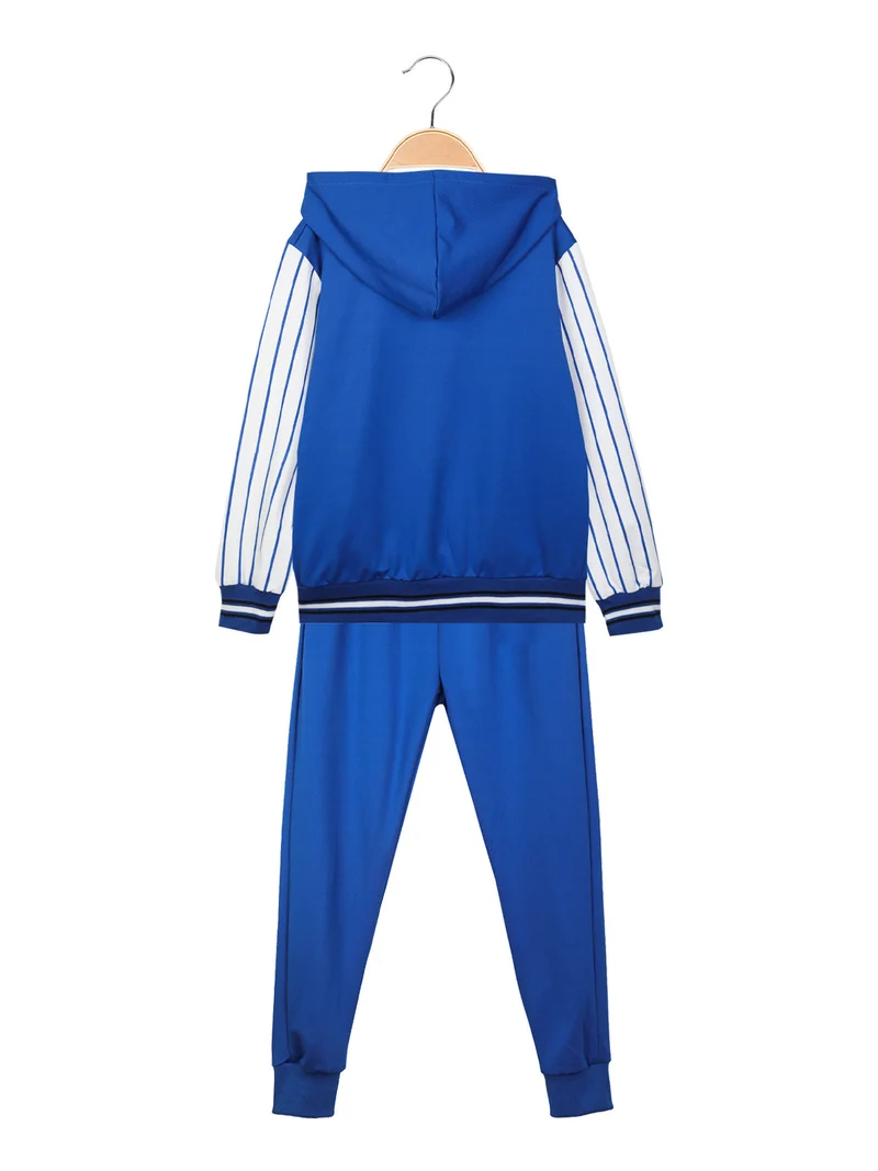 Completo tuta sportiva da bambino 2 pezzi con cappuccio e zip - blu