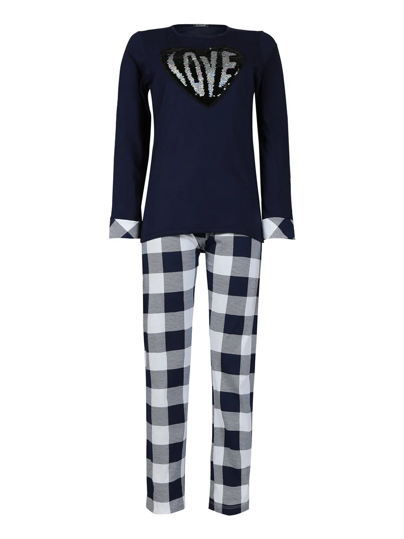 Pigiama lungo donna in cotone con paillettes - blu scuro
