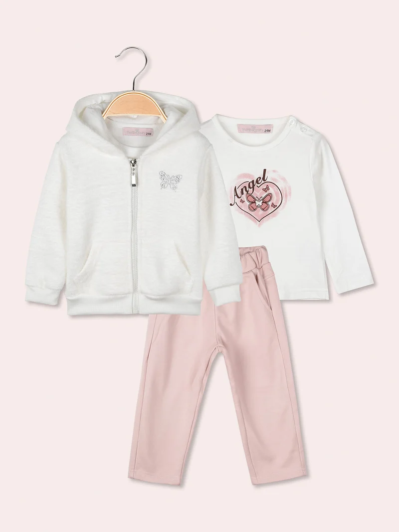 Completo 3 pezzi da neonata con cappuccio e zip - bianco