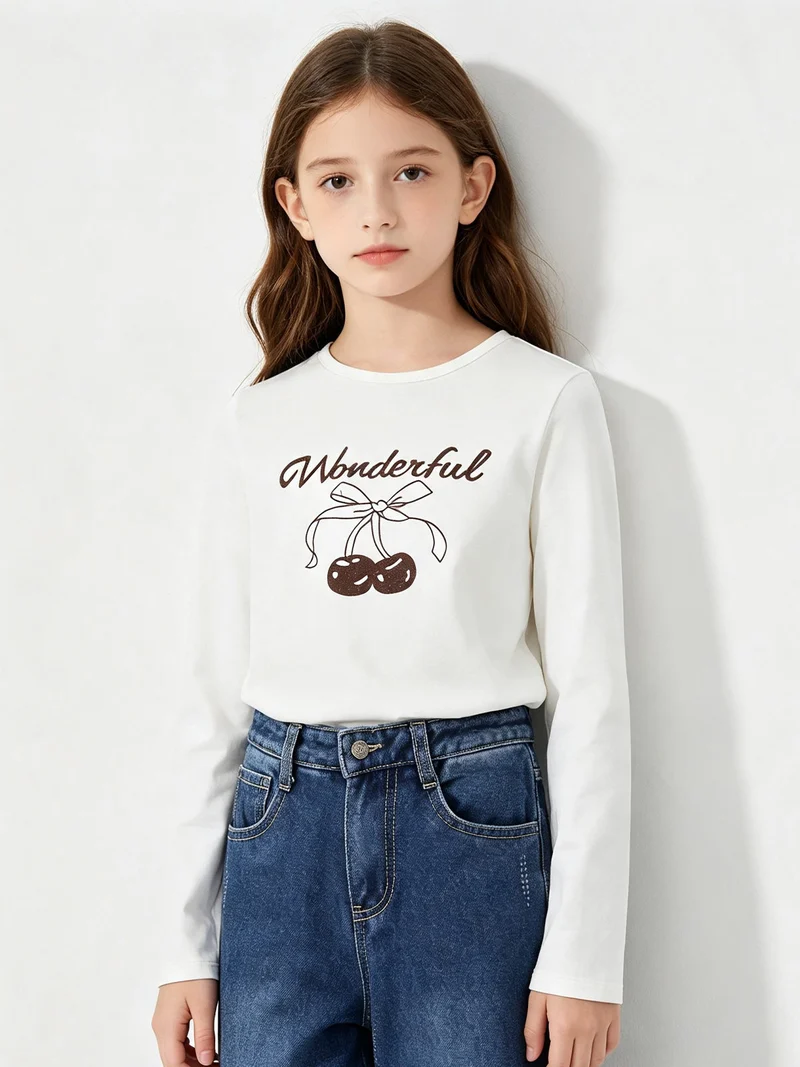 T-shirt girocollo da bambina a maniche lunghe con stampa - moro