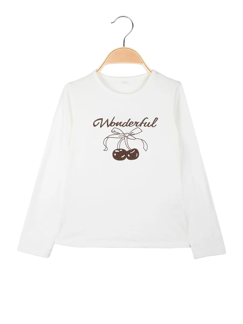 T-shirt girocollo da bambina a maniche lunghe con stampa - moro