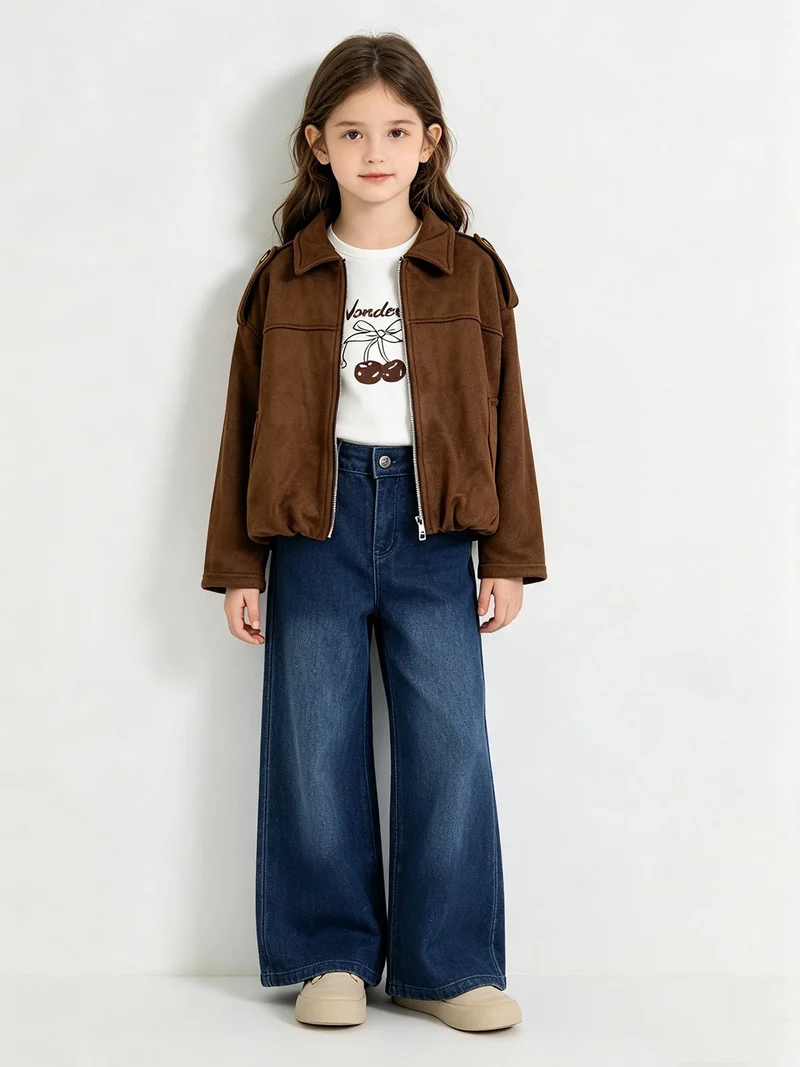T-shirt girocollo da bambina a maniche lunghe con stampa - moro