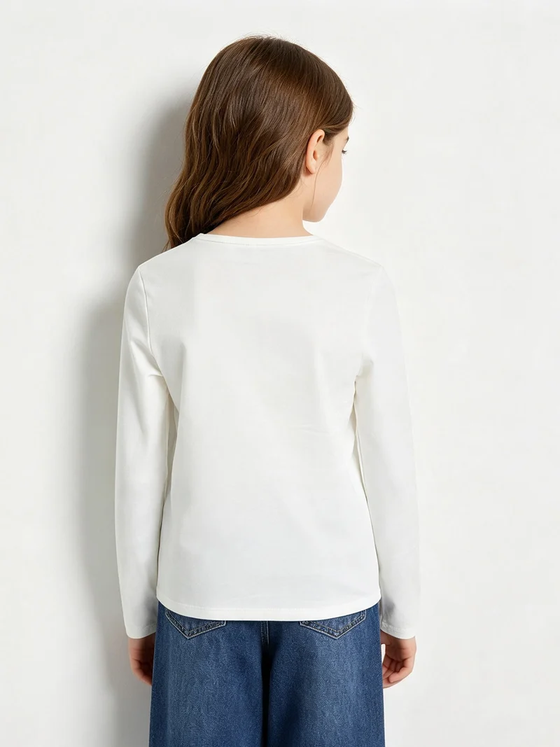T-shirt girocollo da bambina a maniche lunghe con stampa - moro
