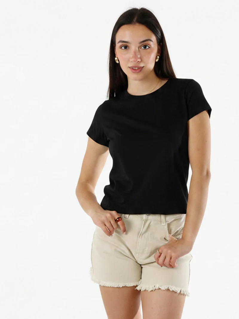 T-shirt girocollo da donna in cotone elasticizzato - nero