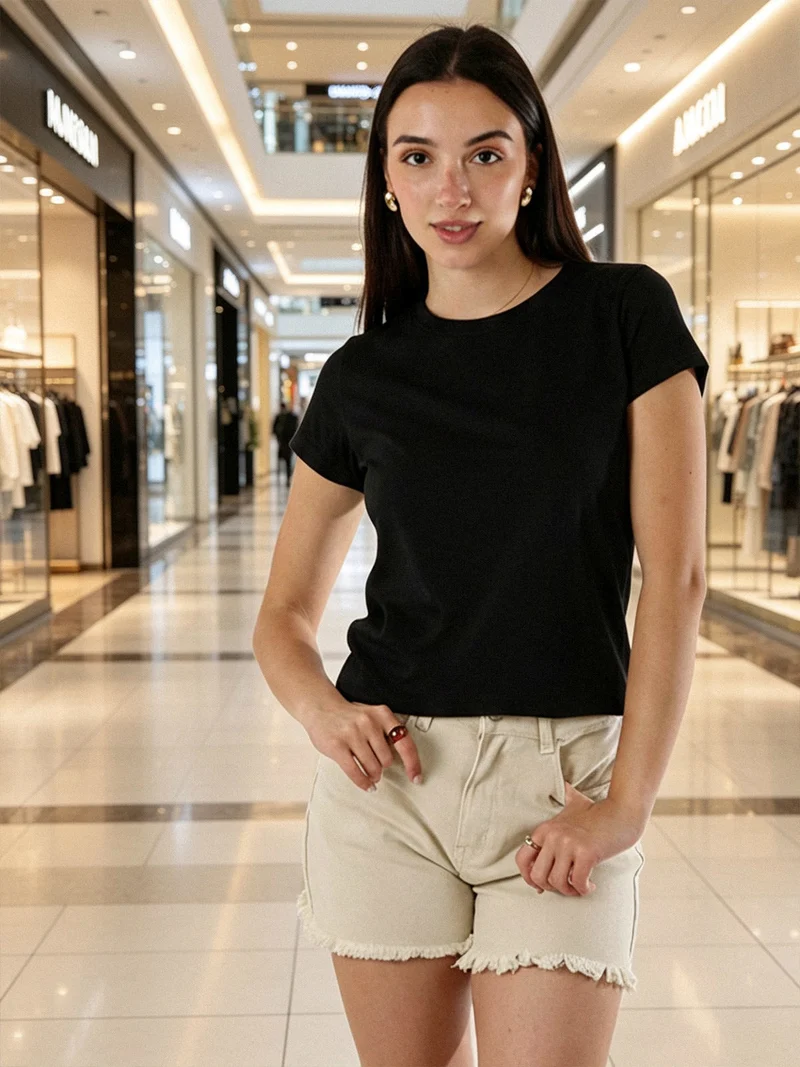 T-shirt girocollo da donna in cotone elasticizzato - nero