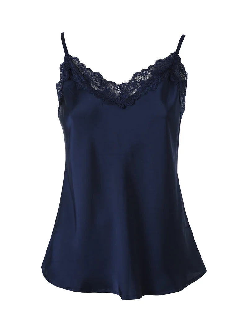 Top donna effetto raso con scollo in pizzo e spalline strette - blu scuro