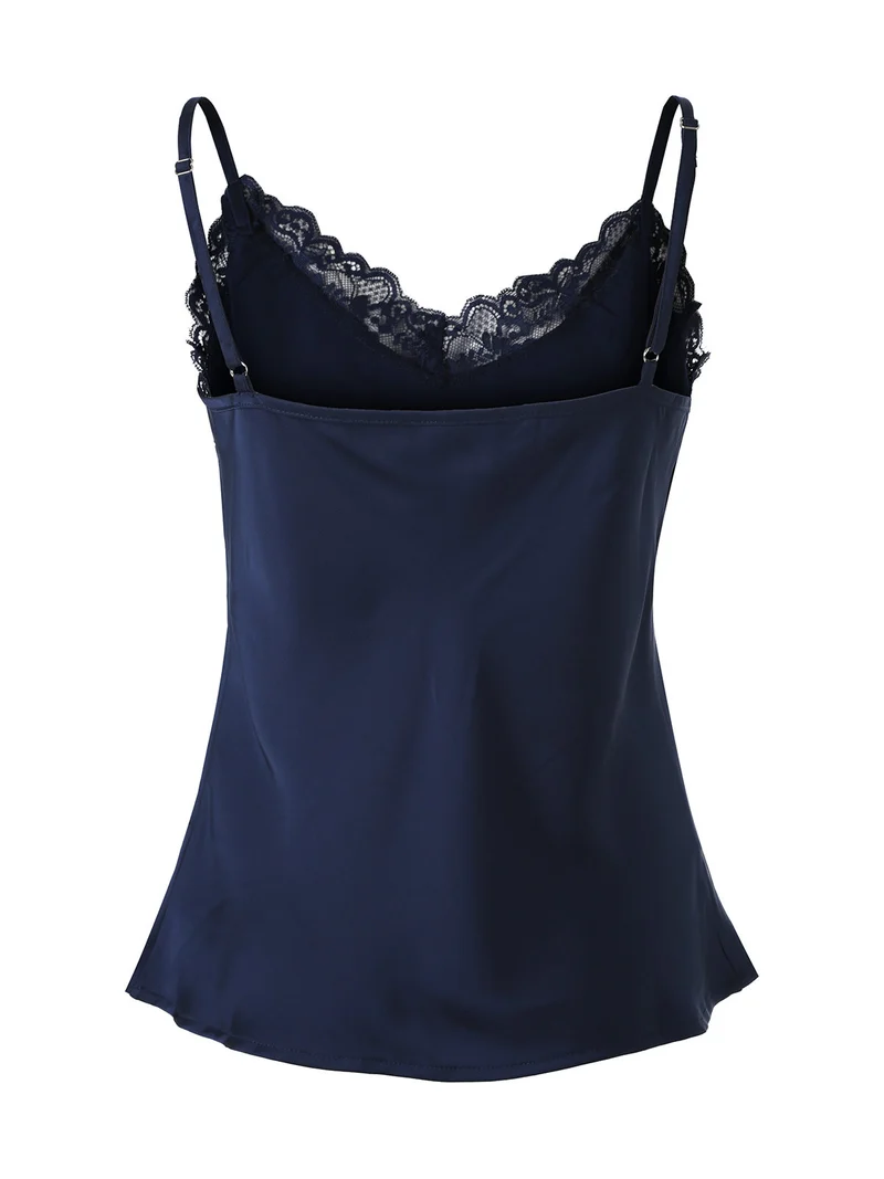 Top donna effetto raso con scollo in pizzo e spalline strette - blu scuro