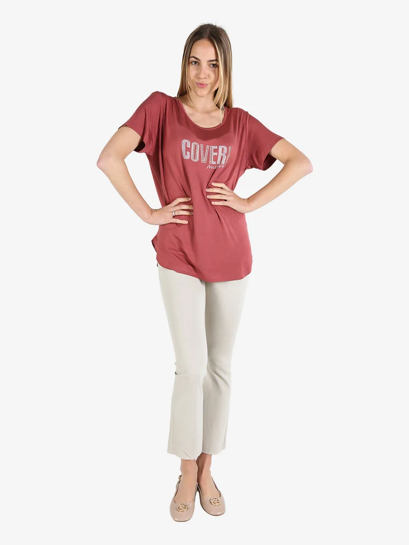 T-shirt da donna con strass - bordeaux