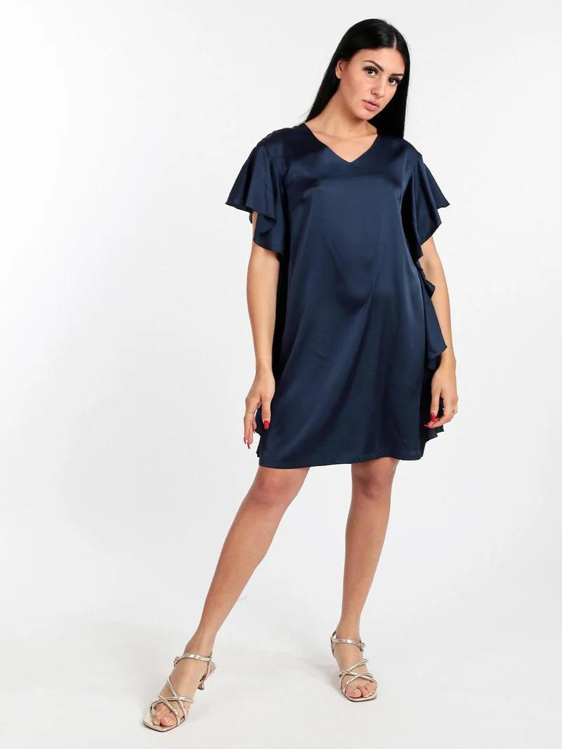 Vestito donna con volant effetto raso - blu scuro