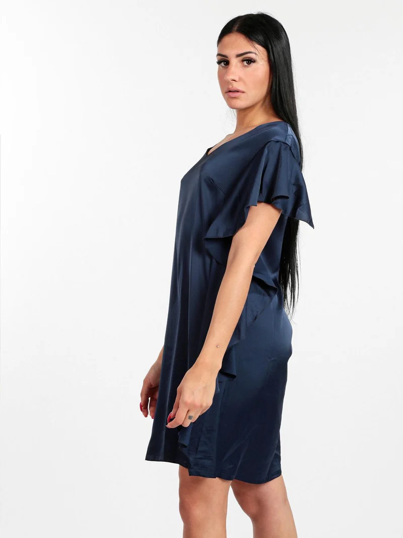 Vestito donna con volant effetto raso - blu scuro