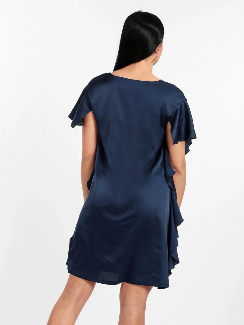 Vestito donna con volant effetto raso - blu scuro