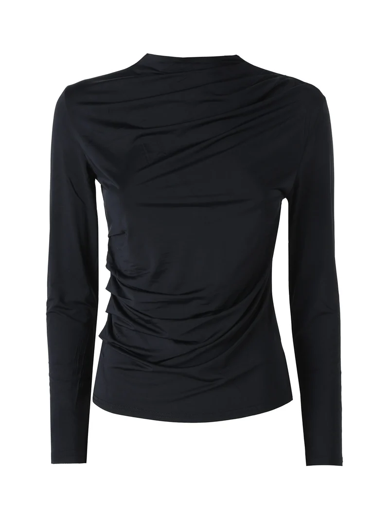 Maglia donna accollata a maniche lunghe con drappeggio laterale - nero