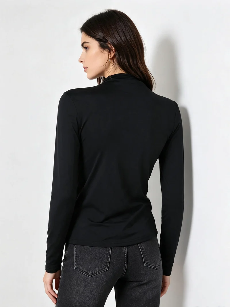 Maglia donna accollata a maniche lunghe con drappeggio laterale - nero