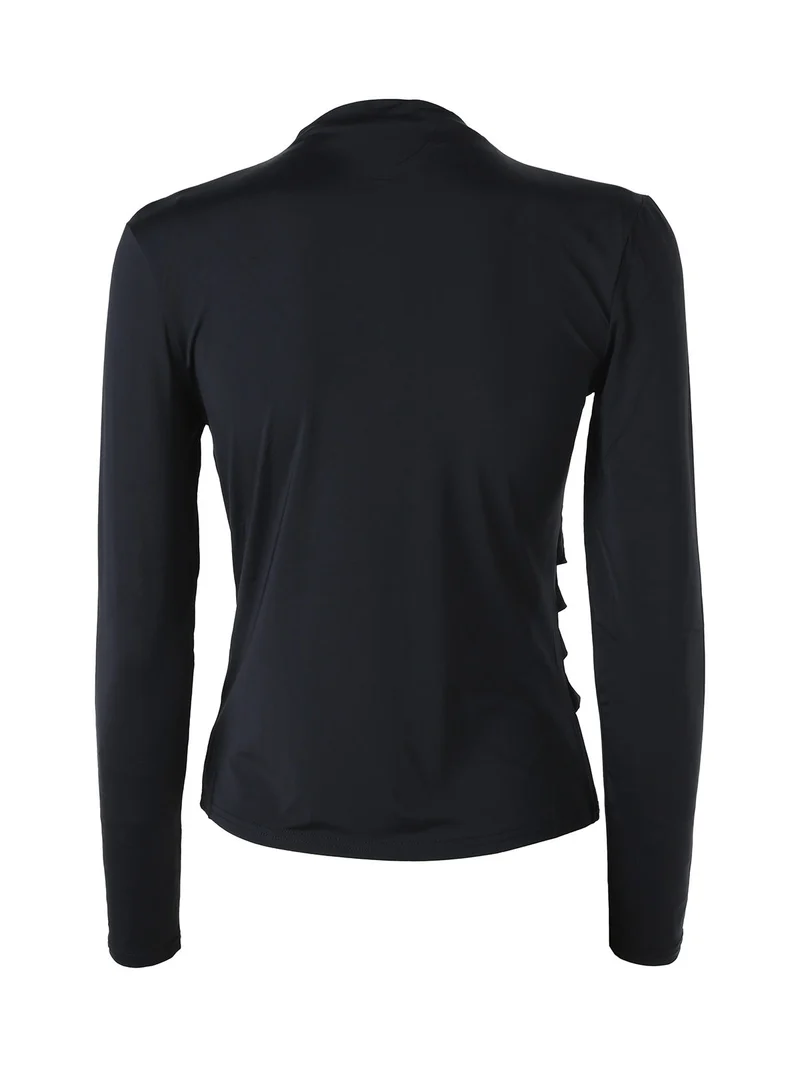 Maglia donna accollata a maniche lunghe con drappeggio laterale - nero