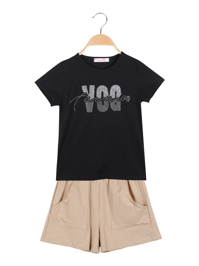 Completo corto da bambina 2 pezzi con strass - nero