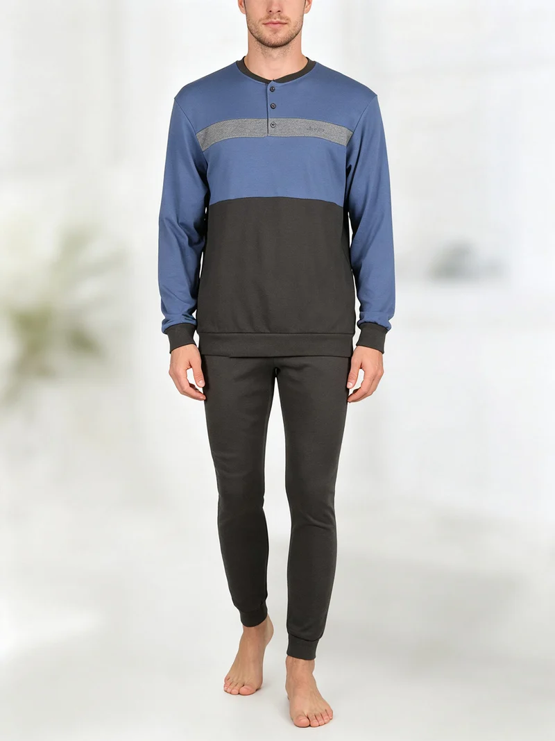Pigiama lungo da uomo in misto cotone interlock - blu