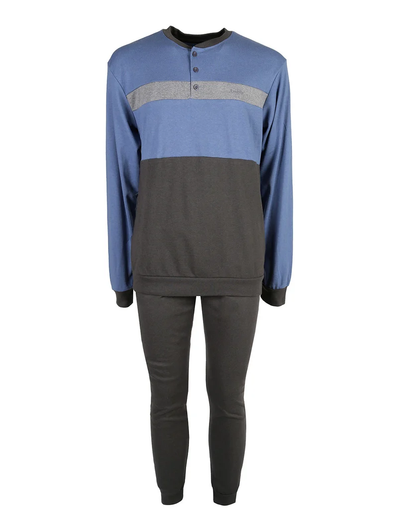 Pigiama lungo da uomo in misto cotone interlock - blu