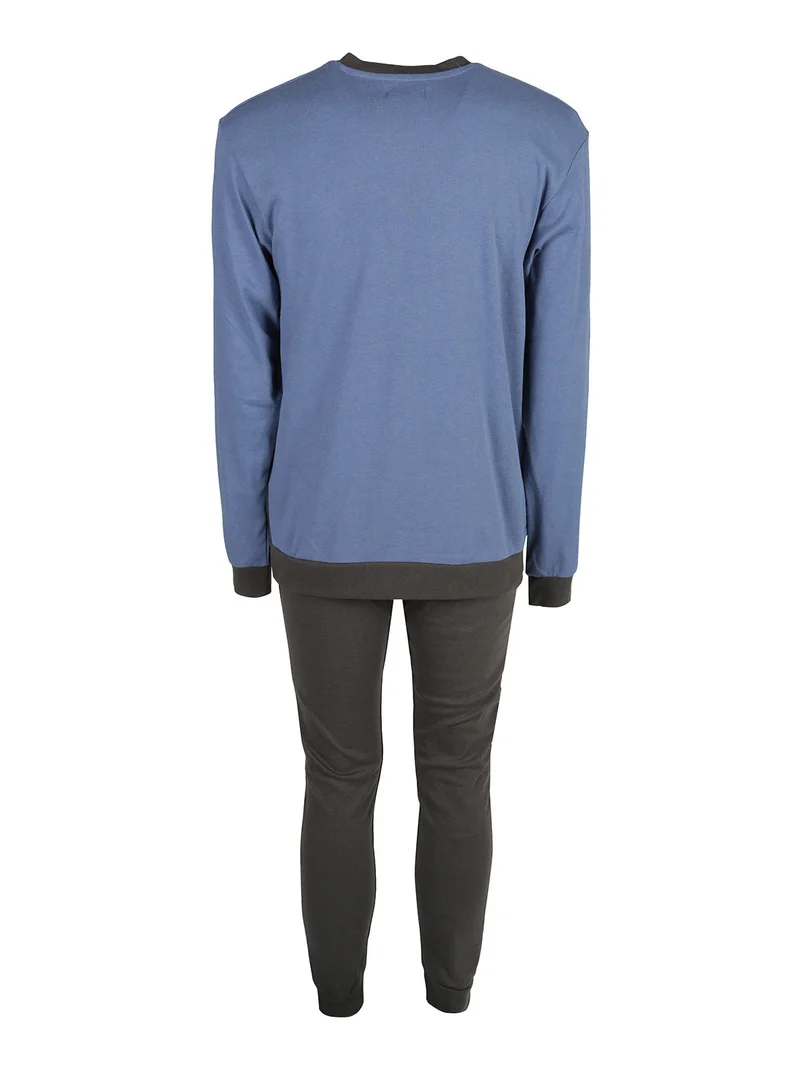 Pigiama lungo da uomo in misto cotone interlock - blu