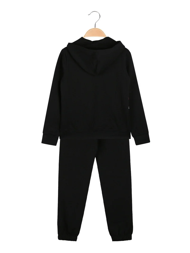 Completo tuta 2 pezzi da ragazza in cotone con cappuccio e logo - nero
