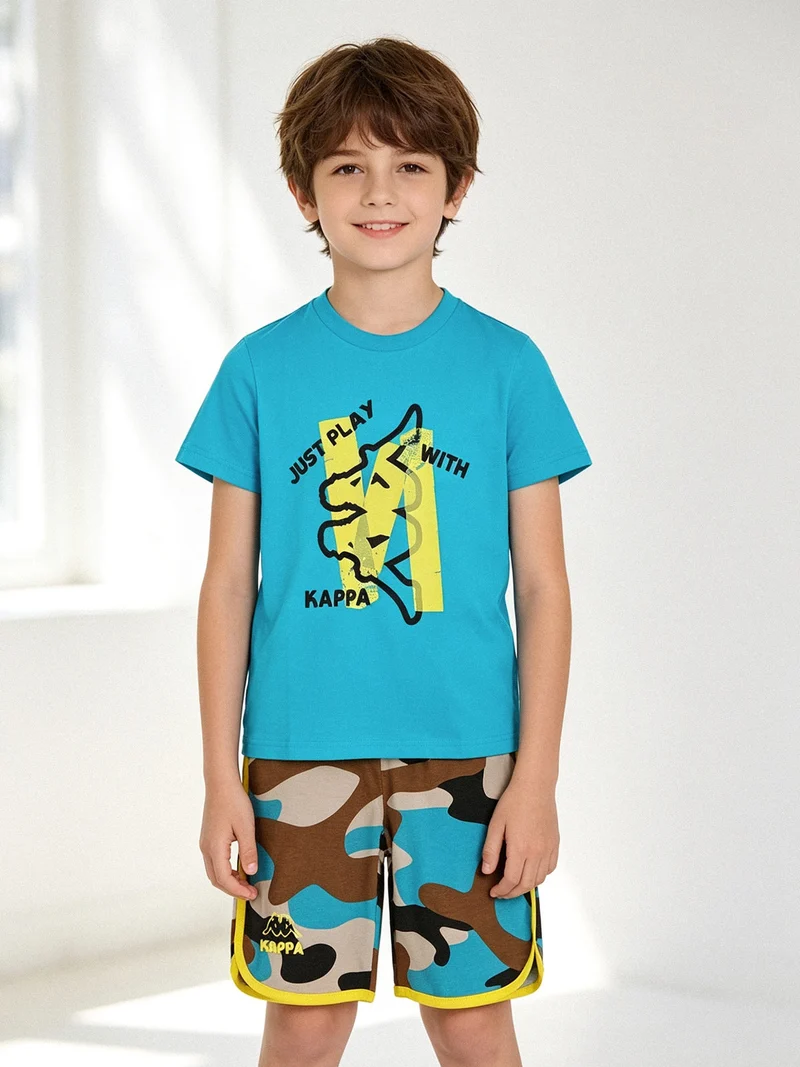 Completo corto da bambino in cotone con t-shirt e bermuda mimetici - turchese