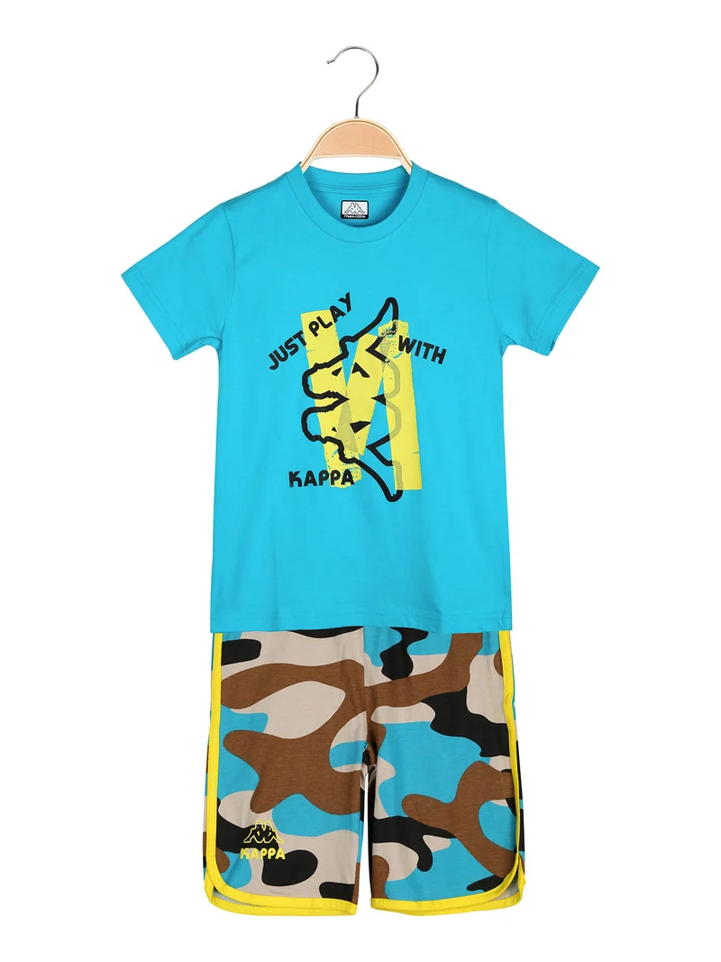 Completo corto da bambino in cotone con t-shirt e bermuda mimetici - turchese