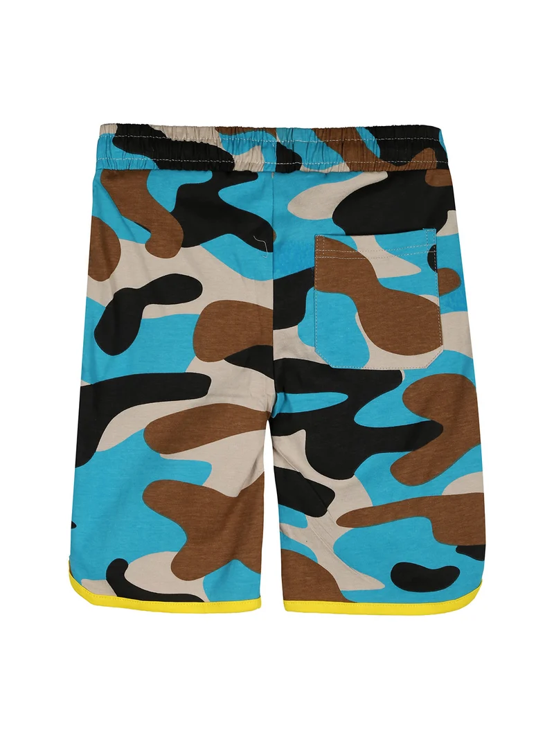 Completo corto da bambino in cotone con t-shirt e bermuda mimetici - turchese
