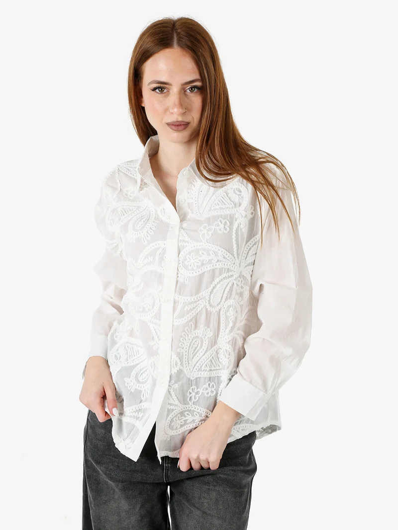 Camicia donna in cotone a maniche lunghe con ricami - bianco