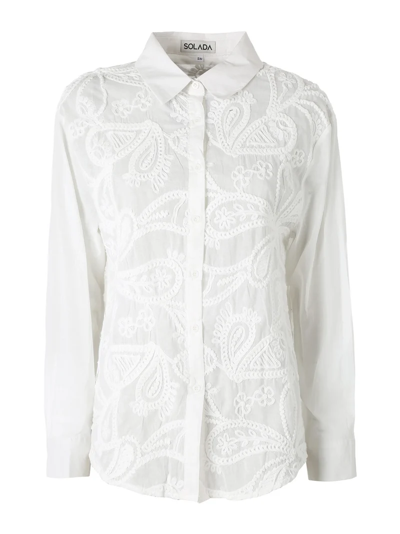 Camicia donna in cotone a maniche lunghe con ricami - bianco