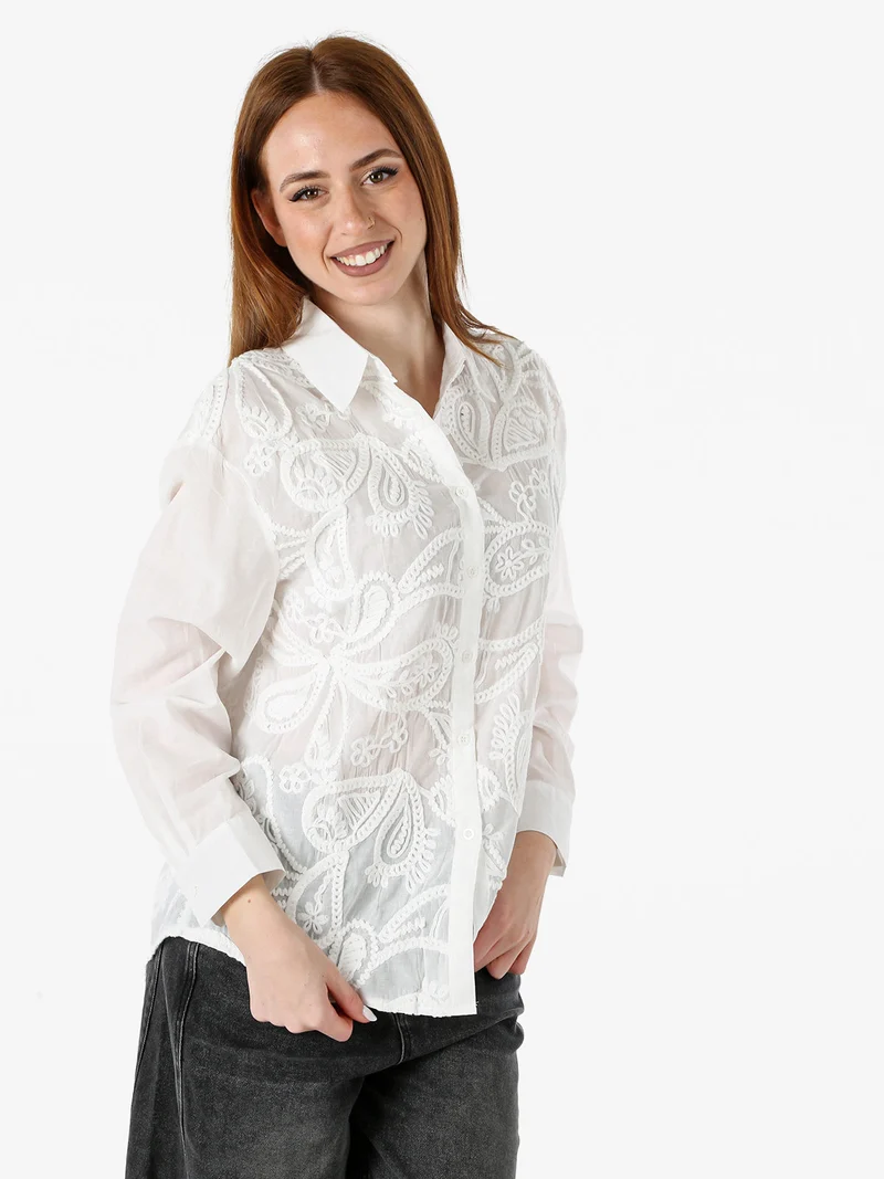 Camicia donna in cotone a maniche lunghe con ricami - bianco