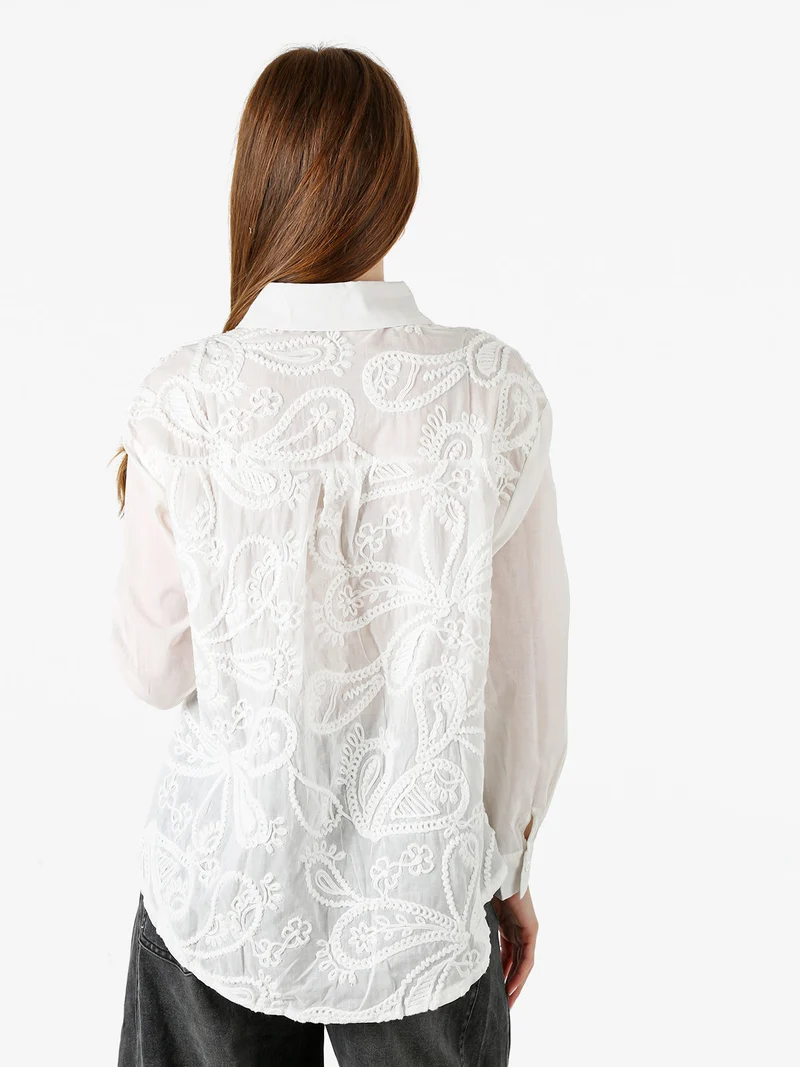 Camicia donna in cotone a maniche lunghe con ricami - bianco