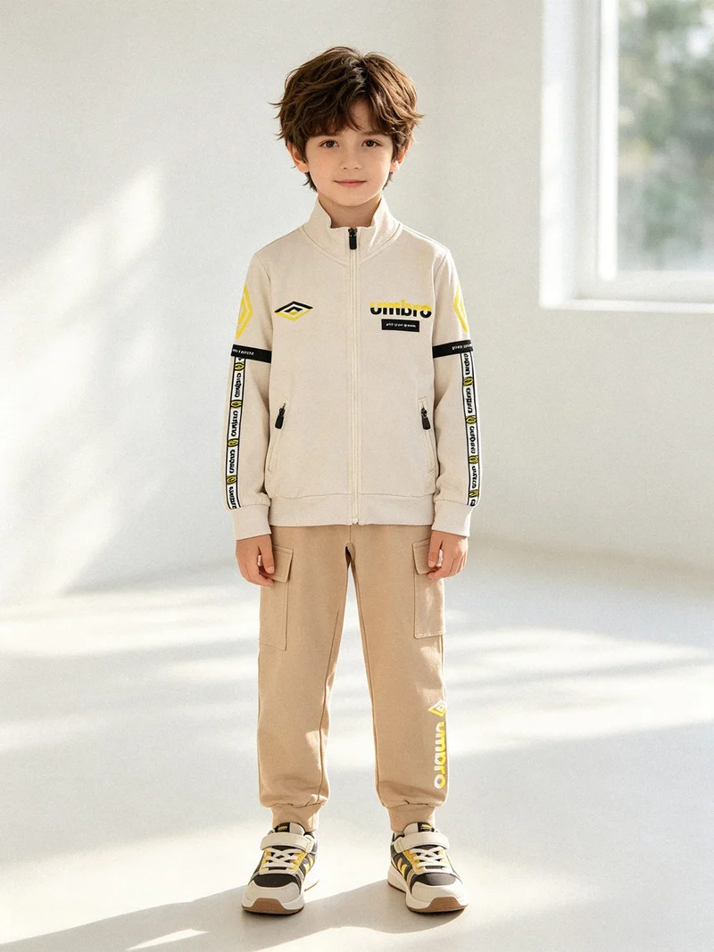 Completo tuta 2 pezzi da bambino full zip con pantaloni cargo - beige