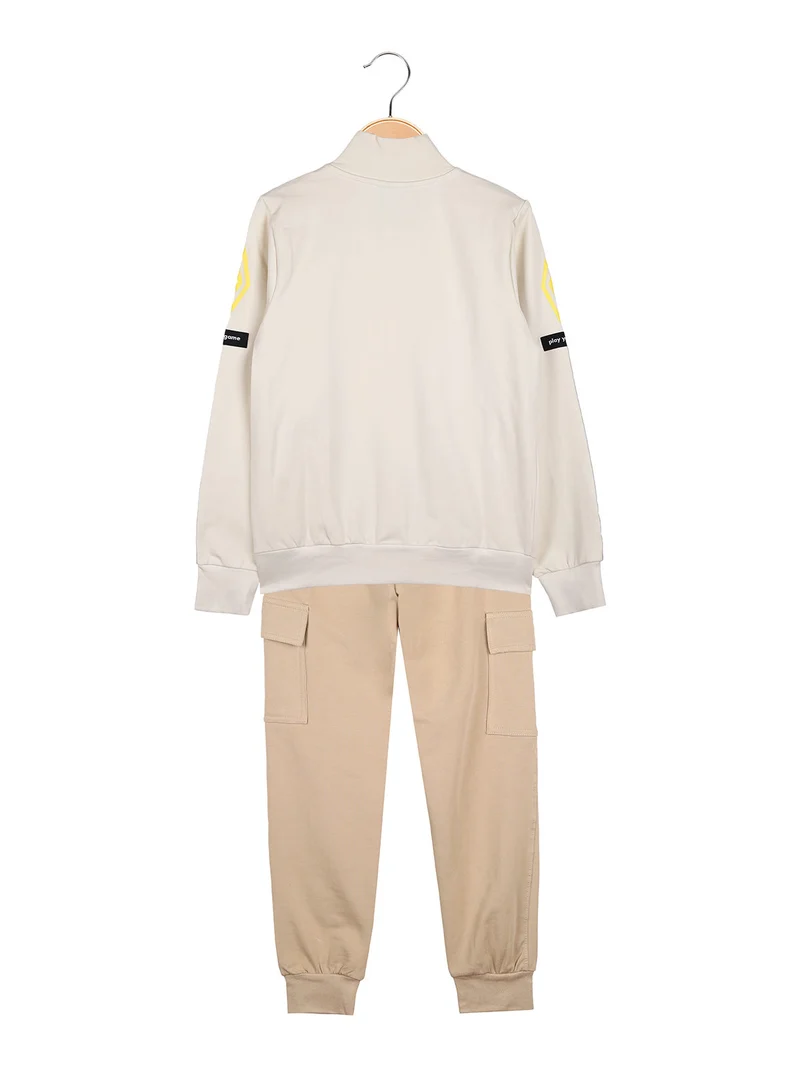 Completo tuta 2 pezzi da bambino full zip con pantaloni cargo - beige