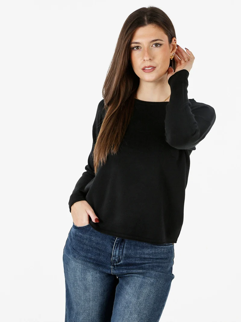 Pullover girocollo da donna in maglia tinta unita - nero