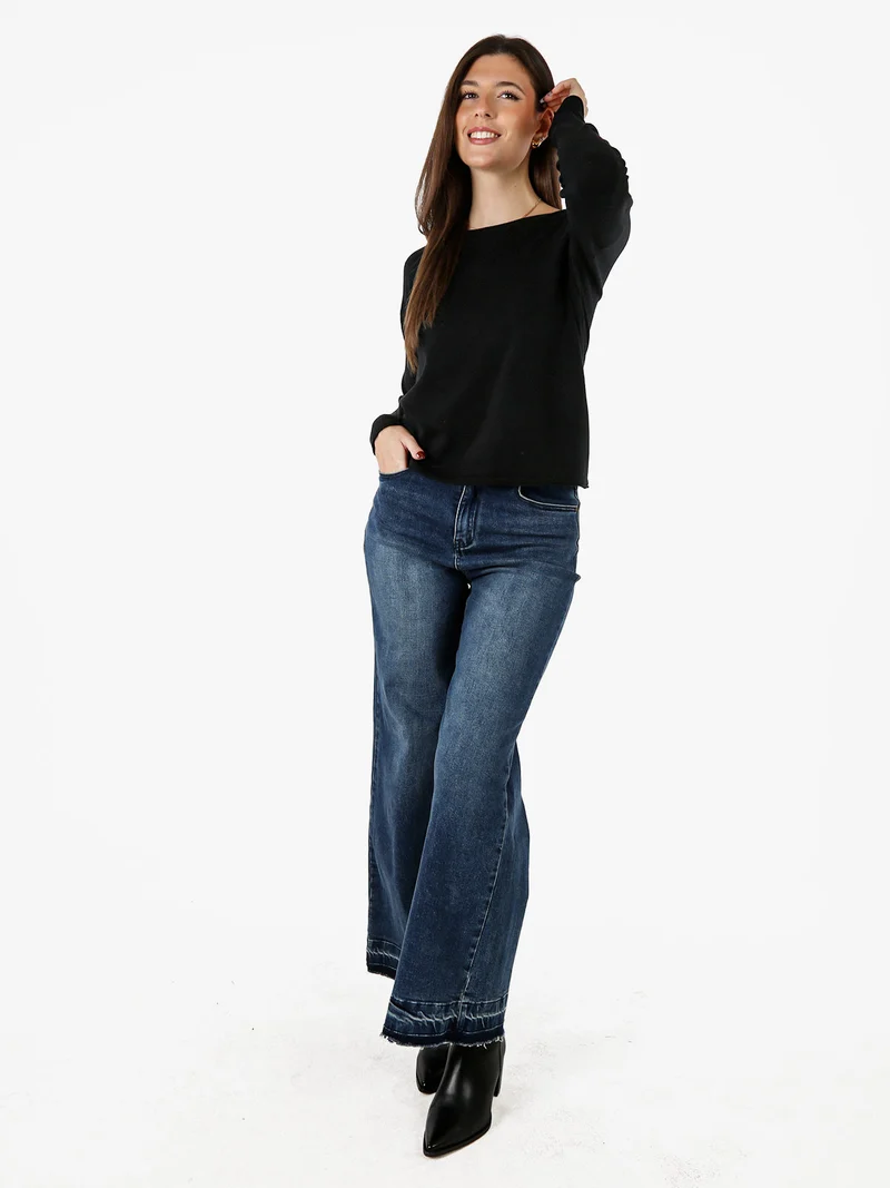 Pullover girocollo da donna in maglia tinta unita - nero