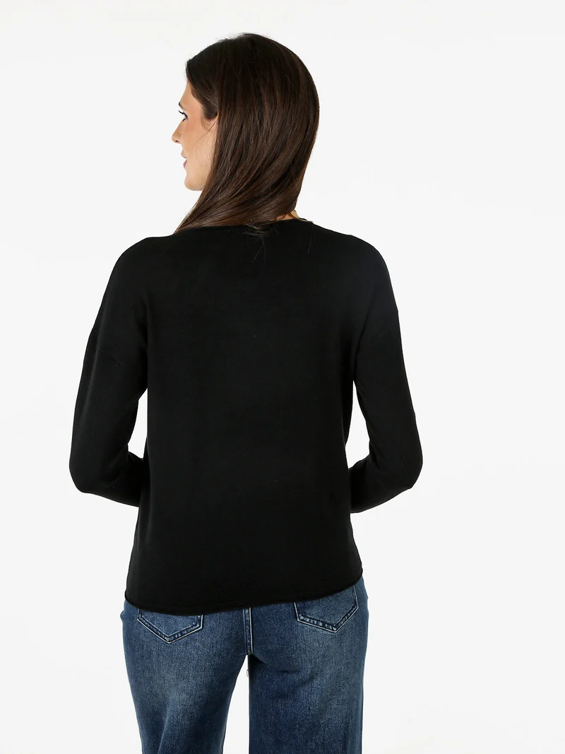 Pullover girocollo da donna in maglia tinta unita - nero