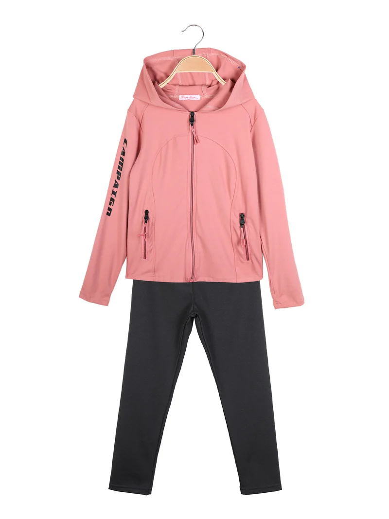 Completo tuta sportiva 2 pezzi da bambina con cappuccio e zip - corallo