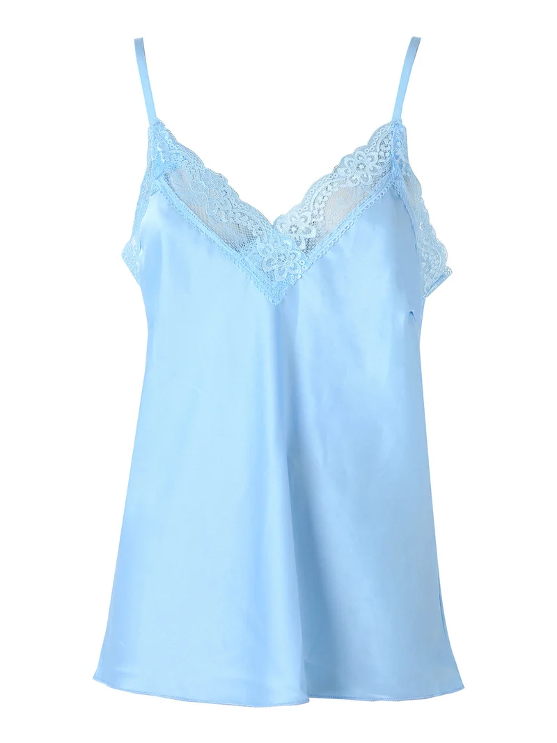 Top donna effetto raso con scollo in pizzo e spalline strette - azzurro
