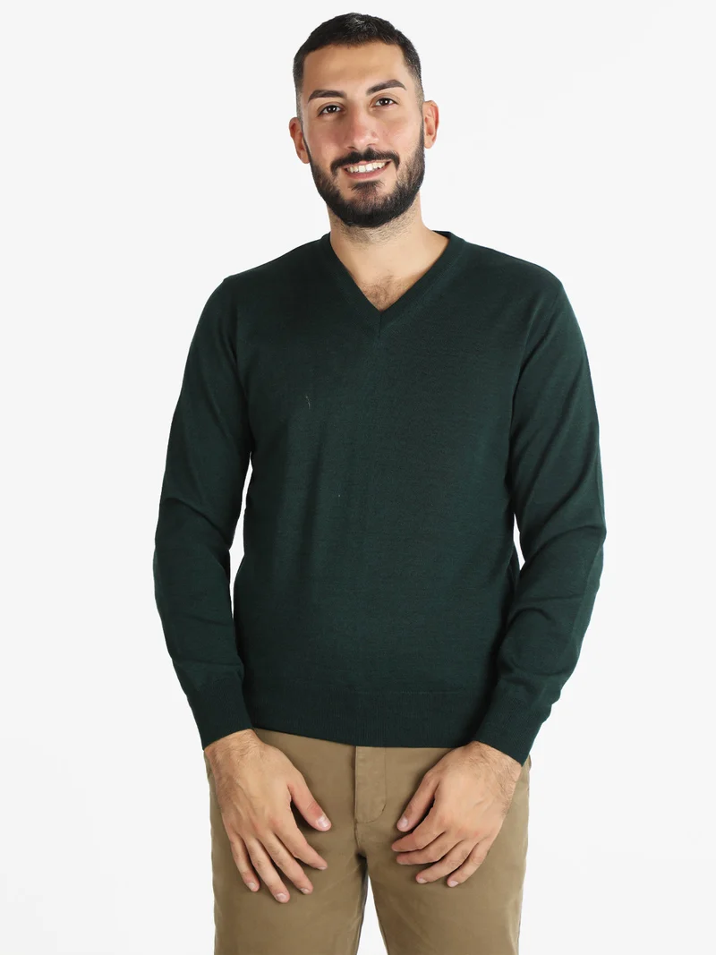 Pullover da uomo misto lana con scollo a V - verde scuro