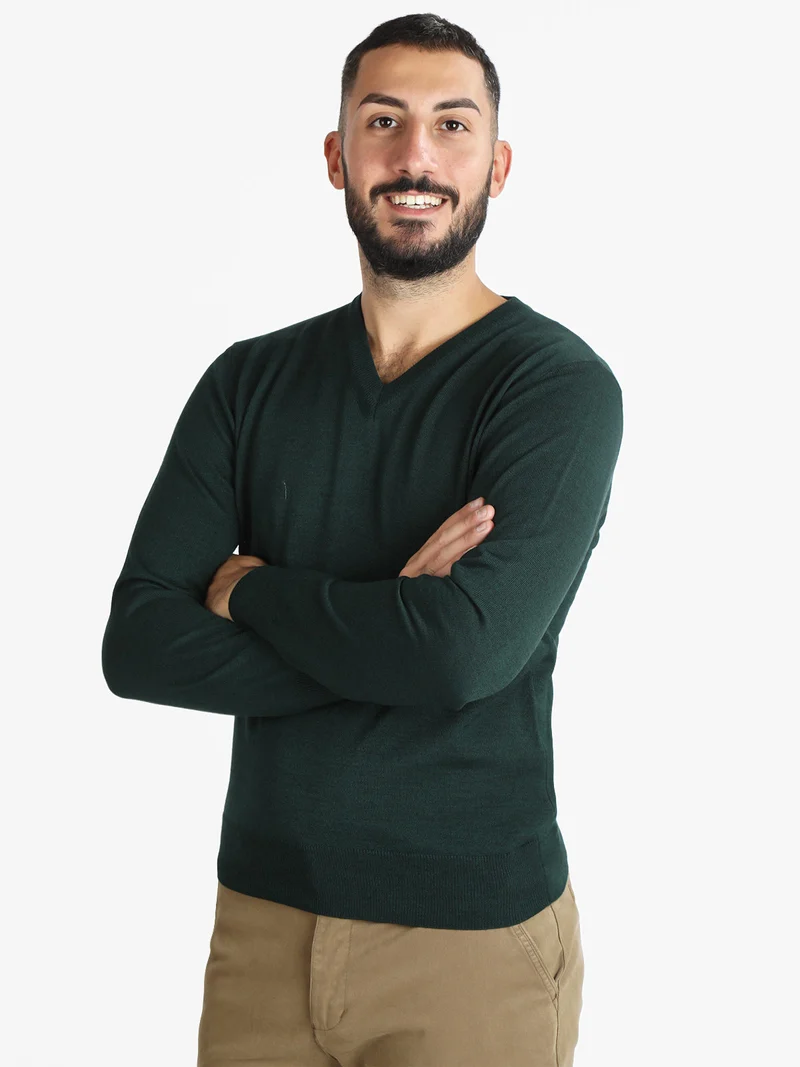 Pullover da uomo misto lana con scollo a V - verde scuro