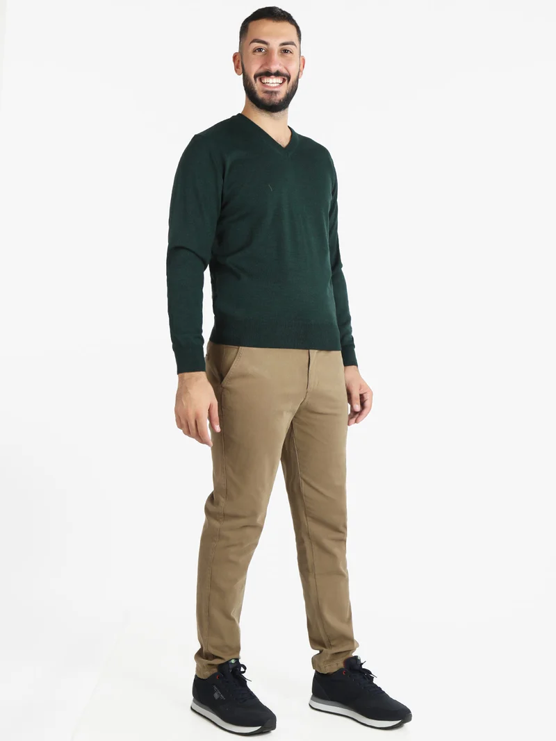 Pullover da uomo misto lana con scollo a V - verde scuro