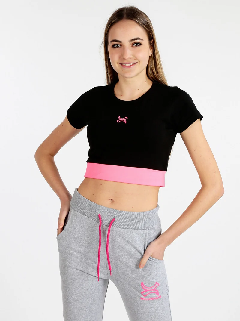 T-shirt crop donna in cotone elasticizzato - nero