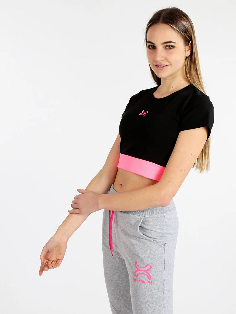 T-shirt crop donna in cotone elasticizzato - nero
