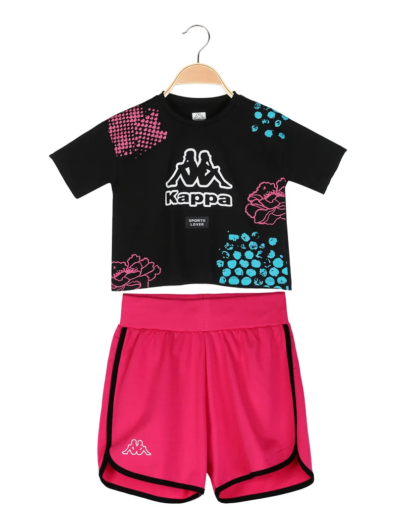 Completo corto da ragazza in cotone con t-shirt cropped e shorts - nero