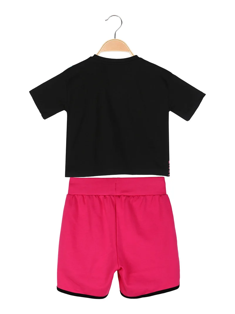 Completo corto da ragazza in cotone con t-shirt cropped e shorts - nero